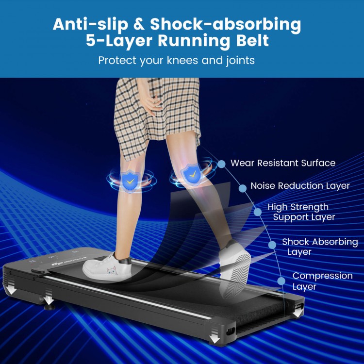 Under desk walking pad treadmill with a touchable LED display, featuring a 5-layer shock-absorbing running belt for.